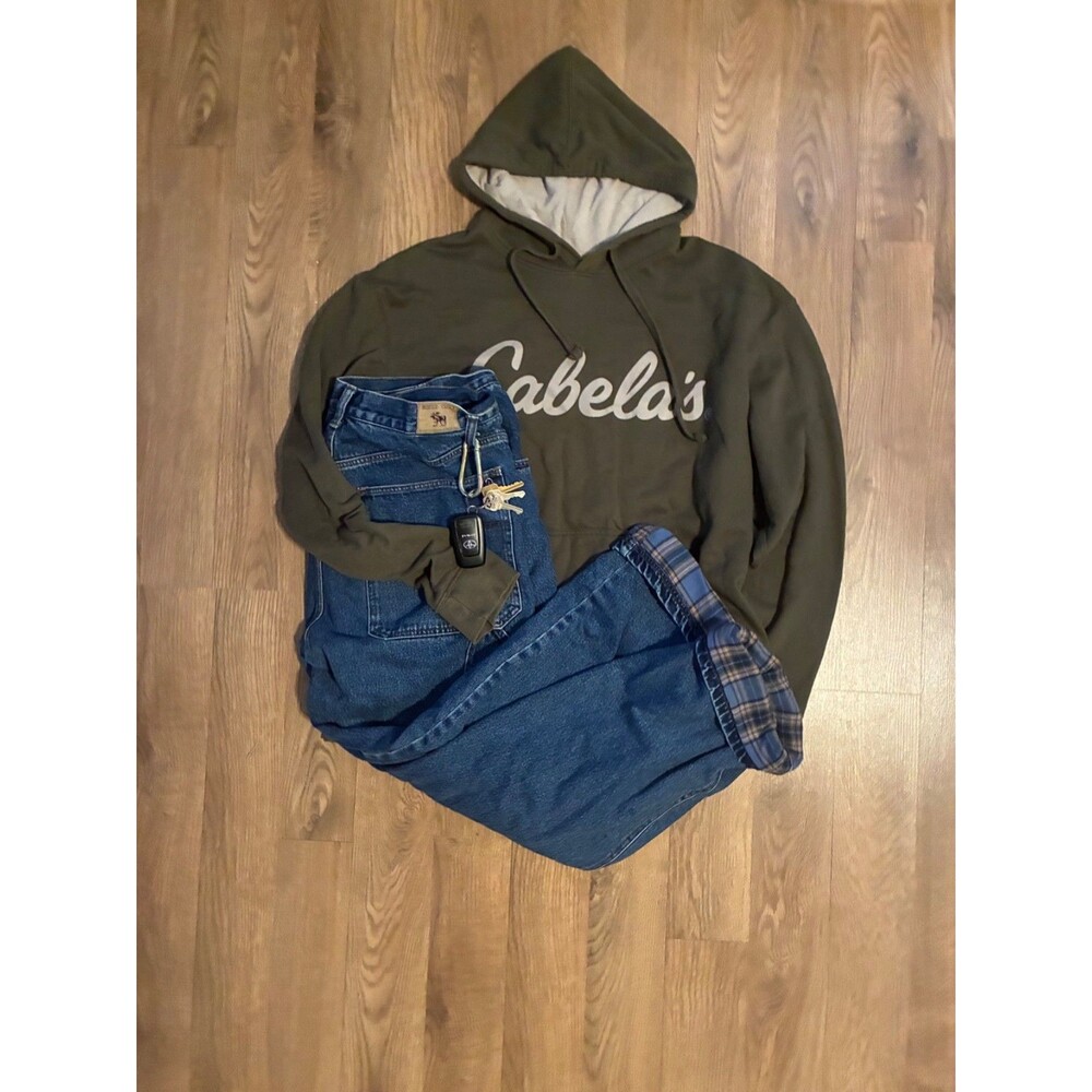 Cabelas Mens XL Olive Green Graphic Script Logo Pullover Hoodie Sweatshirt Heavy